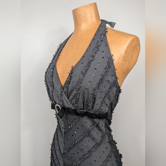 Vintage Y2K Honey Punch Little Black Mini Dress Halter Neck Size Medium Sequins - Picture 7 of 11